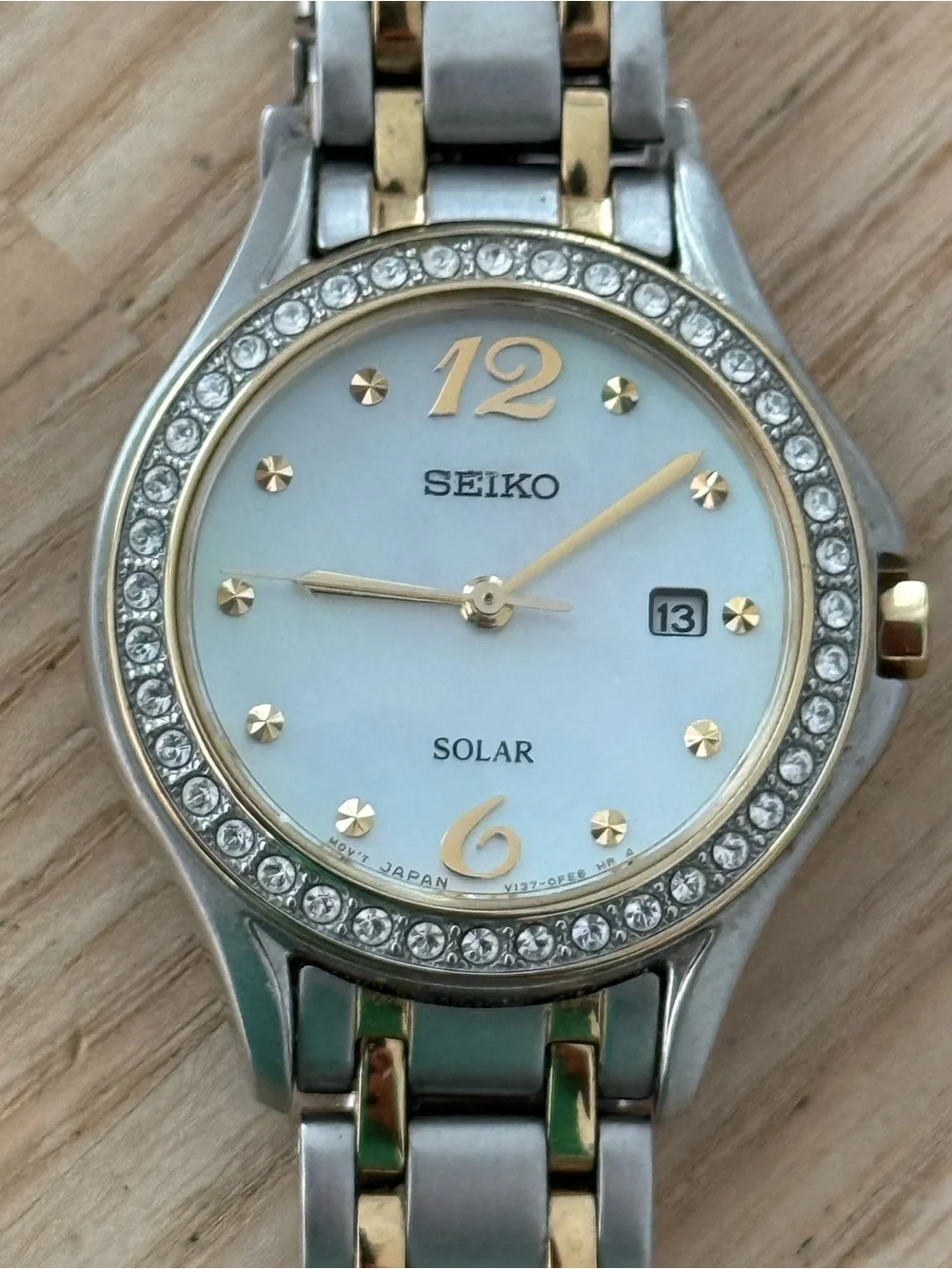 Seiko Solar Ladies Watch Pearl Dial Swarovski Crystals Two-Tone Bracelet Date